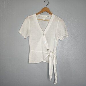 H&M Womens XS White 100% Linen Dainty Button Wrap Short Sleeve Tie Sides Blouse